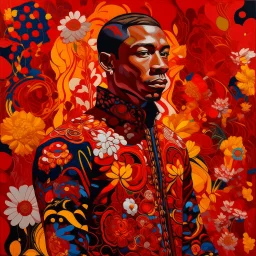 🔥 PROMPT: A painting of a front-facing man, rendered in a colorful and vividly bold design. The composition features striking patterns in red, gold, and black, set against a deep red background. Floral motifs and folkloric elements are intricately woven into the design, creating a dynamic and visually rich piece. The artwork combines the expressive energy of flower power with folkloric influences, exuding a bold, appropriation art style that is both captivating and culturally vibrant.