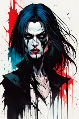 create a highly ethereal, darkly magical full body portrait illustration of a ragged malevolent female goth vampire , with highly detailed and deeply cut facial features, in the comic art style of FRANK MILLER and BILL SIENKIEWICZ, searing lines and forceful strokes, precisely drawn, boldly inked, with vibrant colors