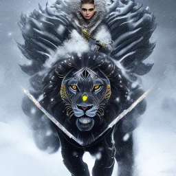 Snow place, black half human Lion hybrid ride on a black motorcycle