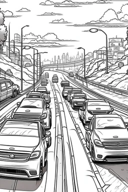 Outline art, no shading, cars on the road, cartoon style, black and white, low detail, --ar 9:11