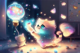 cute chibi fluffy beige bioluminescent cat playing with colorful flying stars dynamic movements next to a glowing tiffany lamp in a modern room