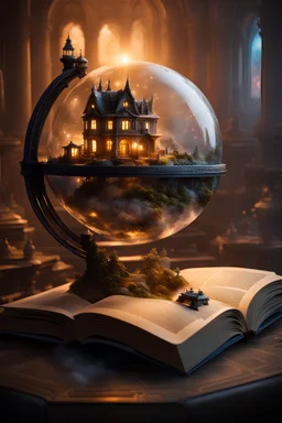 Miniature robotic world in a globe coming out of an open book, satellites and stars, light particles flying around, detailed_fantasy_background, hyperdetailed; by Kim Keever Antoine Collignon Wadim Kashin Tim Burton Peter Mohrbacher, realism; incredible composition; dynamic_lighting; meticulously composed concept art, fascinating_stars, masterpiece, mystic fog, digital illustration, Reflections, cell-shaded, Volumetric_lighting, 8k wallpaper, ultra-realistic, masterpiece, natural highlights,