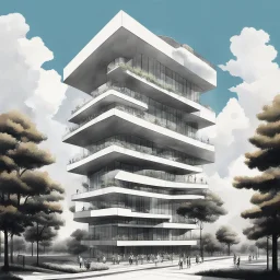 Dibujo arquitectónico de un edificio de cinco pisos, moderno, diseñado aplicando la proporción, estilo minimalista futurista, calidad ultra, gente, árboles, colores contrastantes, cielo con nubes pequeñas, maximalista