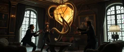 Some well dressed goths fighting to contain energy from floating chtonian glowing vessel made by twisted snakelike sticks creating weird geometric form in dramatic scene in luxury parlour in the style of Giger and Escher