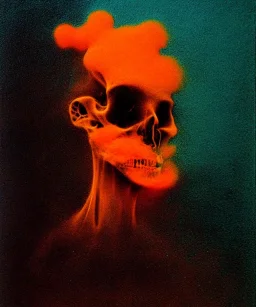 broken skull. black background. smoke and explode. particles in air. teal and orange. abstract. beksinski.