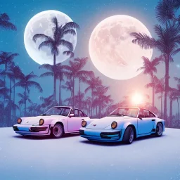 1980's aesthetic artwork vaporwave palm trees with lighting with moon with porsche in the winter snow