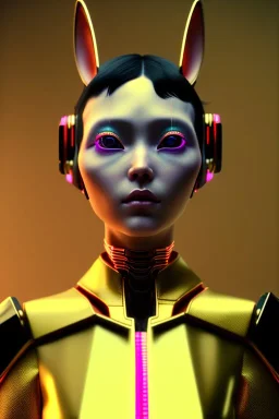 Medium Close Up Portrait, Front image. cyberpunk Asian woman, rabbit mask, pink short hair. latex suit. Red, black, gold, color. Ghost in the shell style. Color background, photo studio. Avatar image, highly detailed, concept art, smooth, unreal engine 5, god rays, ray tracing, RTX, lumen lighting, ultra detail, volumetric lighting, 3d, finely drawn, high definition, high resolution.