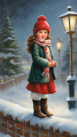 Painting of a cute girl in a red hat and scarf, snowfall in the background, bright night, by Thomas Kinkade