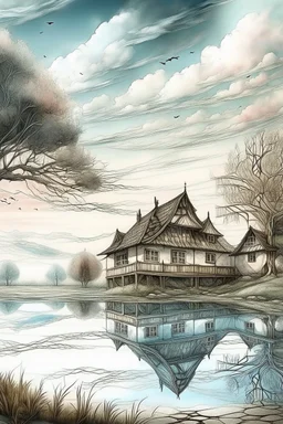 The place where the Dream and its followers live. A reflection of the sky. Watercolor, fine drawing, beautiful landscape, pixel graphics, lots of details, pastel aqua colors, delicate sensuality, realistic, high quality, work of art, hyperdetalization, professional, filigree, hazy haze, hyperrealism, professional, transparent, delicate pastel tones, back lighting, contrast, fantastic, nature+space, Milky Way, fabulous, unreal, translucent, glowing