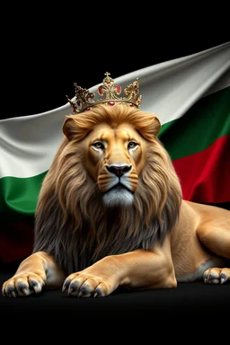 Create a highly detailed 3D-rendered image of a majestic lion lying down, wearing a royal crown. The lion's fur should be rich and textured, with a regal and powerful presence. Behind the lion, the flag of the Republic of Bulgaria(white, green,red) waves gracefully, its white, green, and red colors vivid and well-defined. The background should be an elegant, deep black, creating a striking contrast that enhances the grandeur of the lion and the flag. The lighting should be dramatic, with subtle