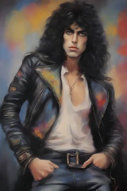 oil painting, text "KISS" - facial portrait with makeup - 20-year-old Paul Stanley with long, wavy curly black 1980's style big hair, wearing a black leather jacket, extremely colorful, multicolored watercolor stained wall in the background - in the art style of Boris Vallejo, Frank Frazetta, Julie bell, Caravaggio, Rembrandt, Michelangelo, Picasso, Gilbert Stuart, Gerald Brom, Thomas Kinkade, Neal Adams - explosions, flames, fog, clouds, dust,