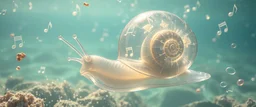 transparent crystal snail true yoga mind bending bubble gum as a young woman floating transparent music notes in the weirder universe in the ocean with the snail fish king in the style of Escher