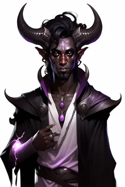 En Young male Black skin black hair tiefling Wizard with large Black horns with a bit of Purple horns same size going from the front to the back. glowing Silver and White symbols