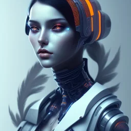 A beautiful portrait of a cute cyberpunk woman facing camera orange color scheme, high key lighting, volumetric light high details with white stripes and feathers