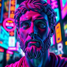 A close up of cyberpunk futuristic Marcus Aurelius with a hopeful facial expression but still relaxed face. The scene is illuminated by neon lights in bright, saturated colors like electric blue, neon pink, and vivid purple. The background is a blurred cityscape filled with glowing signs and holograms, adding to the cyberpunk atmosphere