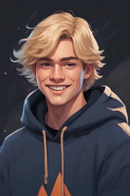smiling blonde male teenager with freckles and shoulder length hair wearing a navy blue hoodie, jeans and a black t-shirt, simple background, cartoon fantasy oil painting style, 80's