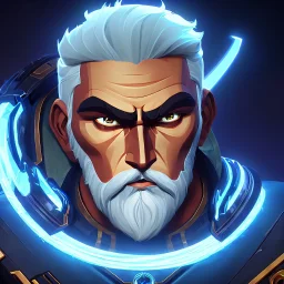 symetrical, centered, ultra detailed, digital art, in center is a portrait of highly detailed greek colossus god zeus surrounded by quantum galaxy codes seeking knowledge, gray hair and beard, detailed face with human skin color, eyes filled with galaxy, dominating colors = gray light blue and dark gold, lightning, smoke,