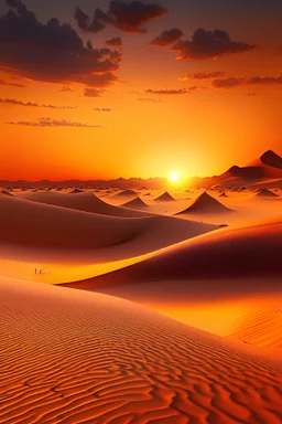 A realistic desert with sand dunes and a sunset