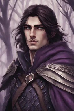 Male Half Elf Assassin with dark brown hair who has purple eyes