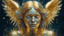 crying angel, double exposure in fantasy style, gold, glitter, fine rendering, bright colors, photorealism, 3D