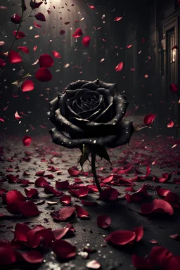 image of a black rose, petals are falling to the ground, each petal has a cinematic scene on it like an old cinema movie scene, one of a fighting couple, the other of them laughing, a third one of a girl crying, the theme is built around the picking of petals while saying he loves me, he loves me not, cinematic lighting, 8k highly detailed, surreal and striking