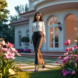 a fahion model beautiful lady with modern clothing modern high heels and makeup is walking in yard of a luxury villa next to flowers. High-quality CGI, octane render, 8k resolution, whimsical, adorable, clean composition. long shot ,4:3