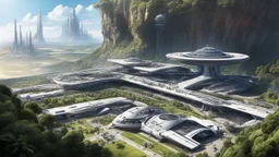 Many spaceliners docked at a huge busy spaceport, with gantries and walkways, setting into the side of a huge cliff, trees, vines and plants, Star Wars, Star Trek