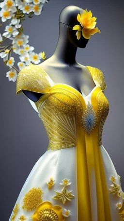 A mannequin wearing a dress, Philippines national custome dress inspired by jasmine flower, sampaguita, Philippines national flower, jasmine flower dress, jasmine flower, white jasmine flower, dress displayed on mannequin, beautiful, very beautiful dress, fantasy dress, magical dress, elegant, full body, full body frame, ultra realistic, aesthetic, yellow and white pastel color, sequins, bedding, made of crystal, sexy, magical, fantasy, ethereal, sparkly, glowing, glittery dress, artistic style