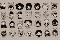 6 simple shaped hand drawn cartoon characters that are cute dark and have hoodies