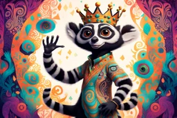 surreal, vibrant digital artwork featuring king Julien the lemur dancing with his tail held up high, with intricate abstract patterns and motifs swirling around them. striking facial features, wearing a crown made of skulls. dancing to "you gota to move it" in Disney style Madagascar