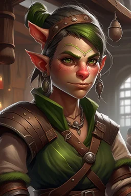 Dungeons and dragons orc tomboy. She has green skin and pointy ears. She is kind. She is handsome. She has nice eyes. She has short hair. She is strong. She is in a tavern. She has broad shoulders. She has a large jaw. She has small tusks. Realistic style