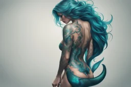 old mermaid, shimmering turquoise tail, tattoo, high resolution, Artstation trends, fine details, 8K