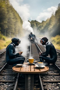 2 people are sitting on a train track, having tea at a round table; they have wet suits on with flippers and dive goggles; a steaming train is coming right towards them