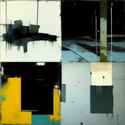 Minimal contemporary abstract oil paintings of desolate 1960s carpark with road markings and concrete fragments. Overlay with grungy typography graphics. style of Justin Mortimer and Francis Bacon.