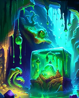 a slimy dripping gelatinous cube in vast dungeon cave room with treasure chests rpg art painterly