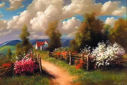 Clouds, trees, distant mountains, house, flowers, fence, parhway, otto piopel impressionism painting