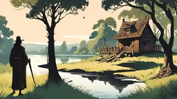 illustration {a scene showing an idyllic cabin near a river and on the grass the shadow of a tall well built man wearing a long tunic, next to him is another mans shadow, this man is larger in size and stature, on the other side of the first man is a woman whoose shadow is smaller, and next to her is the shadow of another woman, the second woman is shorter, and finally there is another shadow of a drawf} digital art, semi-realistic,