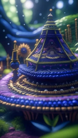 close up portrait of a happy blessed buffalo soldier space alien mega structure with stairs and bridges woven into a sacred geometry knitted tapestry hammock over an ant hill in the middle of lush magic jungle forest, bokeh like f/0.8, tilt-shift lens 8k, high detail, smooth render, down-light, unreal engine, prize winning