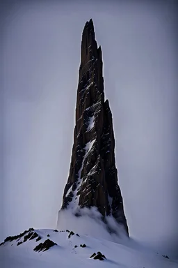 looking up at one single mountain pillar sharp snowy face rises out of the mist into the night sky.