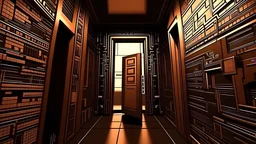 Access, computer, doors, hackers in the line in the entrance, digital world, brown colors, anime, 3D