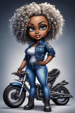 create an airbrush illustration of a chibi cartoon voluptuous black female wearing a blue jean outfit with biker boots. Prominent make up with hazel eyes. Extremely highly detail of black and blonde tight curly hair. Background of a bike show.