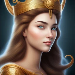 Disney Portrait of greek goddess ATHENA " with elegant old greek apparel and Laurel crown.extremely detailed face, ,perfectly centered image,intricate detail.dark hair, sharp dark eyes, bright blue lighting, sarcastic smile, sharp focus hair.MILO MANARA style