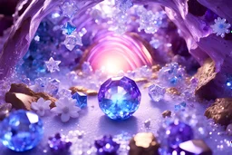 a beautiful photo reel crystal cavern with planets, ametist,quarz, lights and beautiful blue crystal , diamonds, glitter smalls and littles stars, white and glitter flowers, and stars in the fantasy cosmos,4k, ultra details, real image