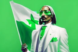 Snoop Dogg in a white tux, green flag with white star