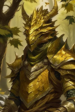 Dragonborn DnD, golden, friendly face, tree knight