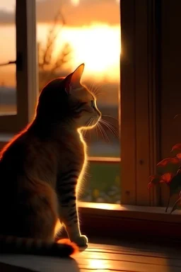 a cat who is looking at a sunrise through a window in an autumn morning