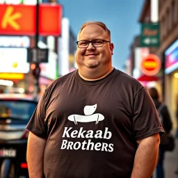 a little fat swedish man standing on a busy street wearing a t-shirt. a kebab brothers t shirt, with a kebab brothers logo