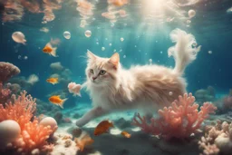 dinamycally swimming antropomorph cat fairy in the sea, fishes, corals, shells, bubbles in sunshine, ethereal, cinematic postprocessing