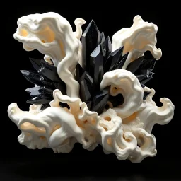 Ultra-detailed surreal biomorphic 3D gallery sculpture of soft ivory organic forms violently contrasted with sharp black obsidian crystal structures, dramatic high-end museum lighting, strong chiaroscuro, floating composition, Octane render, ultra photorealistic, 8k, luxury fine art installation