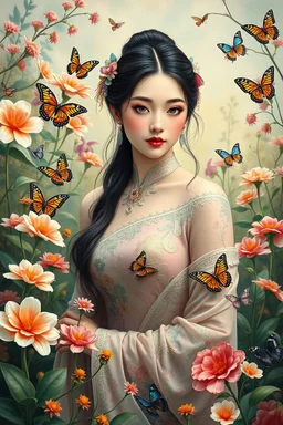 A very beautiful Chinese woman in the garden , unusual flowers, very cute, smooth, active sequins, colorful butterflies elegant fantasy, intricate, 8k, oil on canvas, beautiful, high detail, fantastic view, hyperrealistic, over-detailed, clear quality, colorful, artgerm, Alphonse Mucha, Catherine Abel. Catherine Welz Stein. Dmitry Vishnevsky. Gustav Klimt, R. Giger. Jacek Yerka. Josephine Wall, Carrie Ann Baade